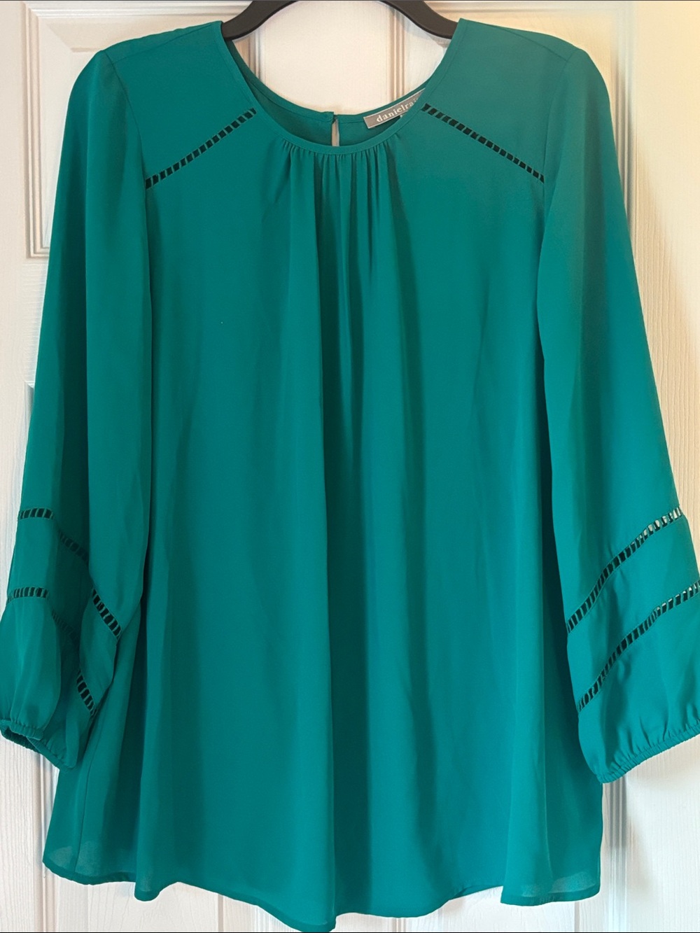 Daniel Rainn Teal Long-Sleeve Peasant Blouse with Ladder Trim